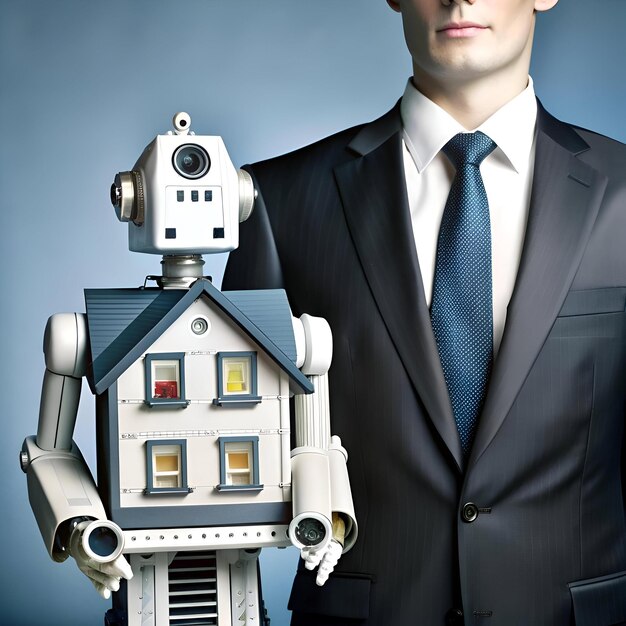 A futuristic take on real estate a robotic agent holds a model ...