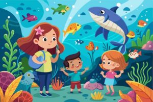 Children excitedly watch colorful marine creatures swim in an ...