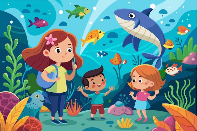 Children excitedly watch colorful marine creatures swim in an ...