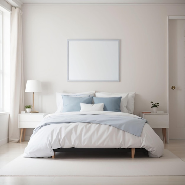 A bedroom with a neatly arranged bed an empty picture frame on the ...