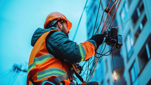 A professional worker in safety gear inspects electrical wires ...