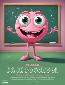 Welcome back to school poster template with pink monster character ...