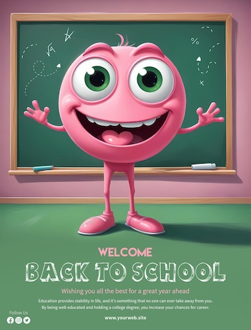 Welcome back to school poster template with pink monster character ...