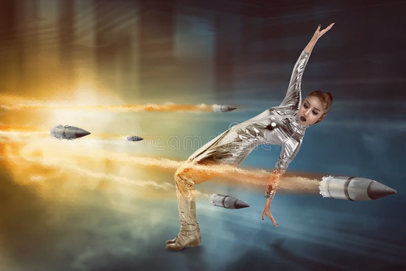 Pretty Woman in Latex Costume Dodging Bullet Stock Illustration ...