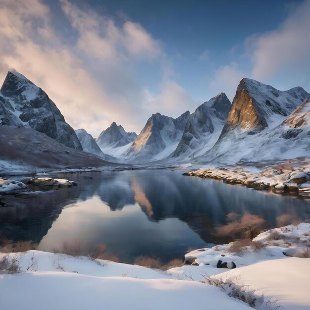 Winter landscape of rocky mountains with blue sky pure white snow ...
