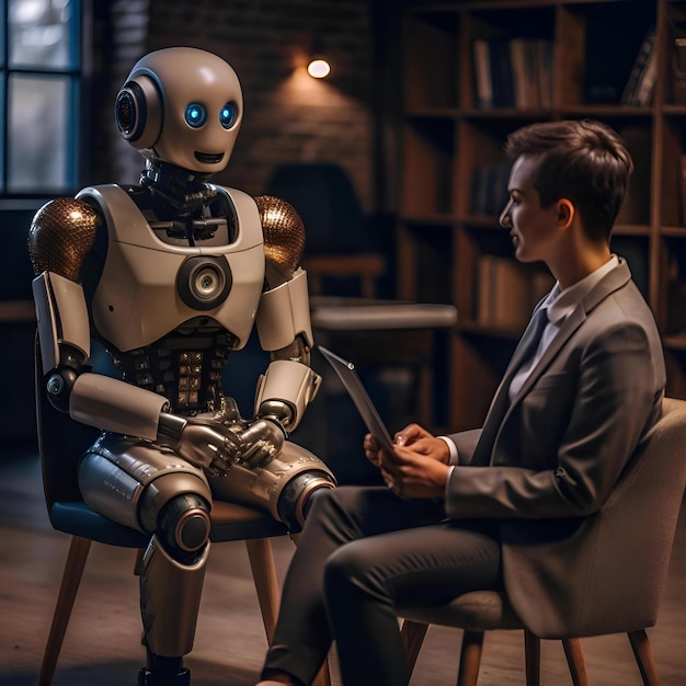 A friendly robot sits across from a human counselor suggesting a ...