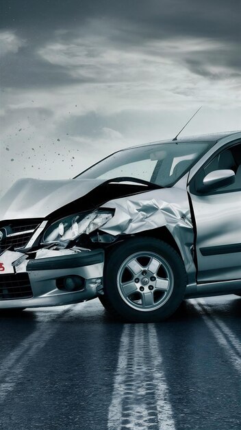 Front side of silver car get damaged by accident on the road ...