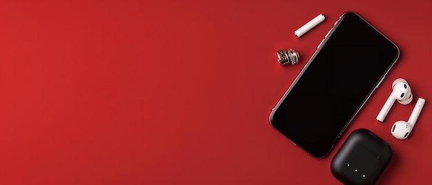 Wireless headphones a cell phone and a charging case on a flat lay ...