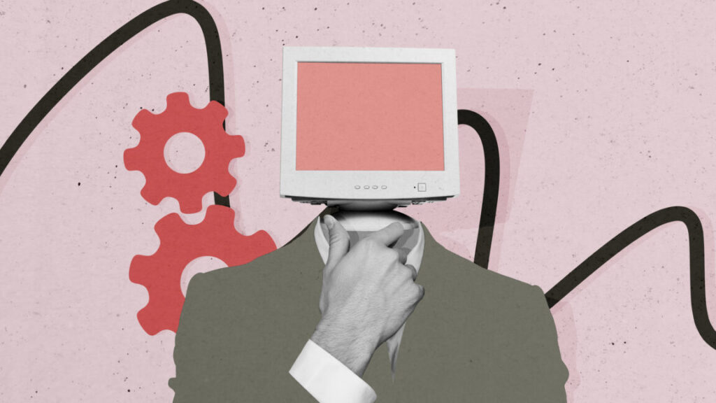 Composite photo collage of thoughtful man instead head computer monitor screen think business strategy isolated on painted background