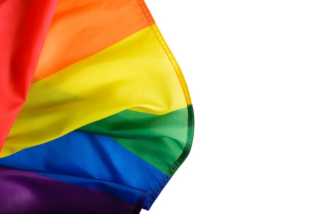 Rainbow flag isolate on white background, close-up of top few ...