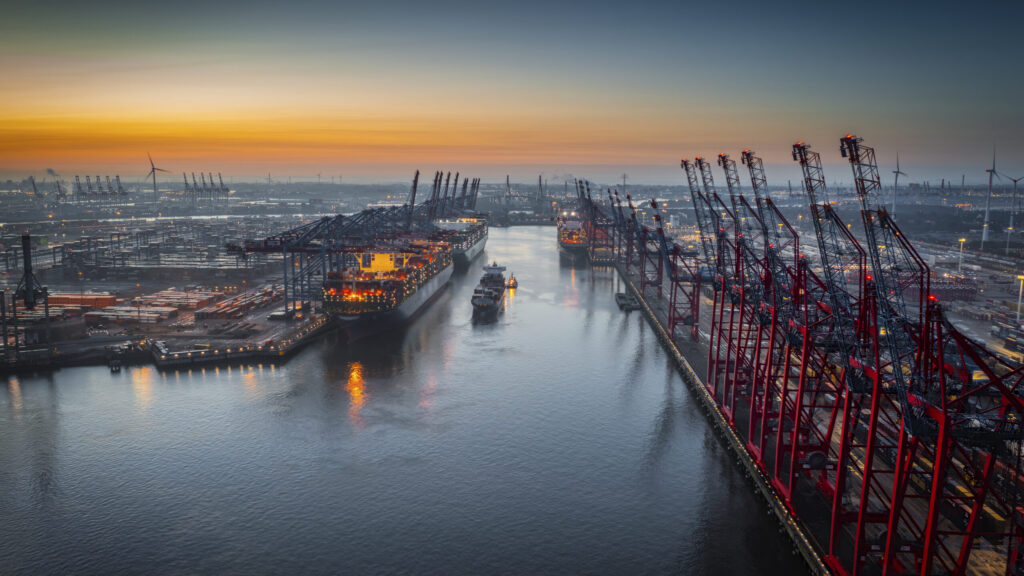 Aerial view Industrial port with Container port in Hamburg, Germany