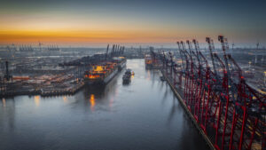 Aerial view Industrial port with Container port in Hamburg, Germany