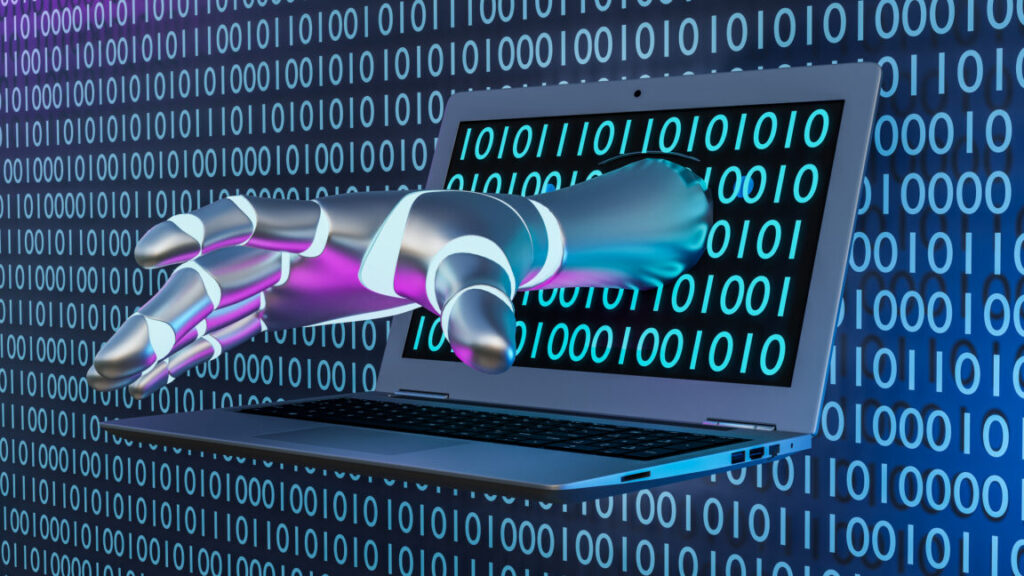 Cyborg's hand coming from laptop screen, digital binary code theme