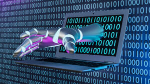 Cyborg's hand coming from laptop screen, digital binary code theme