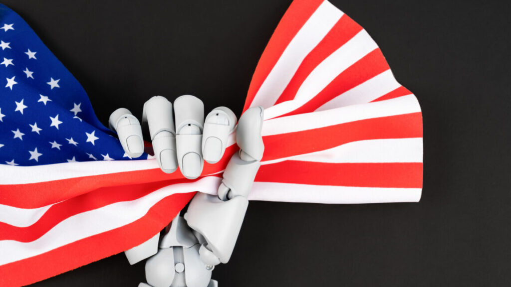 United States of American Flag and robot and toy on black color background.