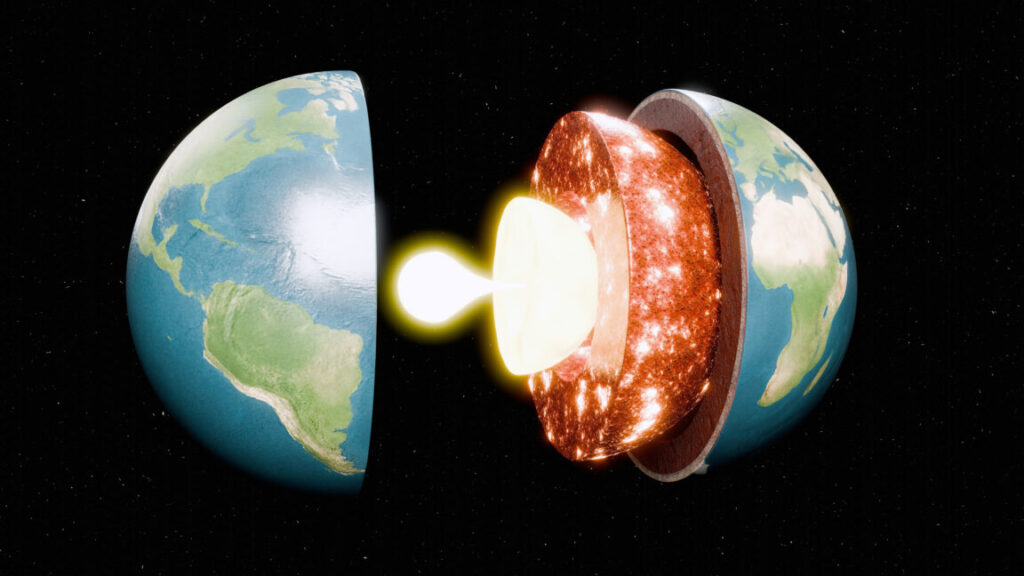 Molten Earth Core Exposed - Concept of Planet Core Structure, Geothermal Energy, Heat, and Inner Layers, 3D Render