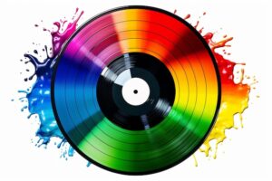 Music notes rainbow colourful with vinyl record on white backgro ...