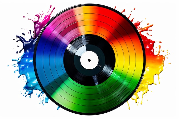 Music notes rainbow colourful with vinyl record on white backgro ...