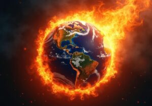 Visual representation of earth surrounded by flames depicting ...