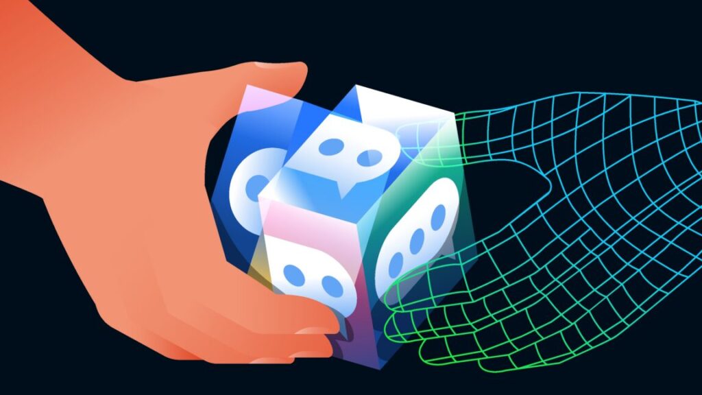 Human and digital hands solving glass cube