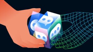 Human and digital hands solving glass cube