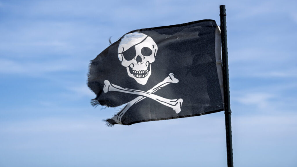 Black pirate flag featuring a skull and crossbones design