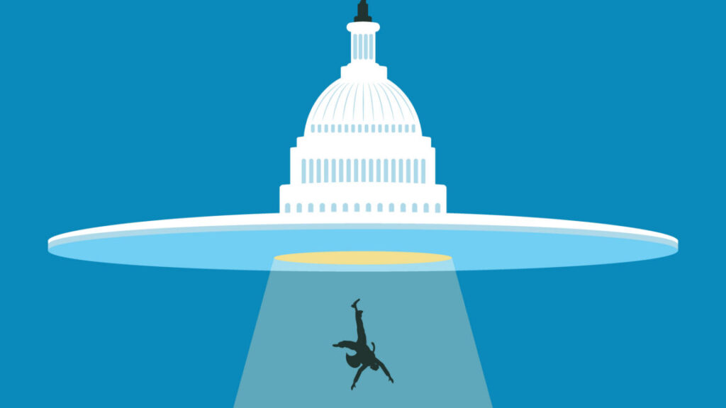 UFO White house abducting a man illustration